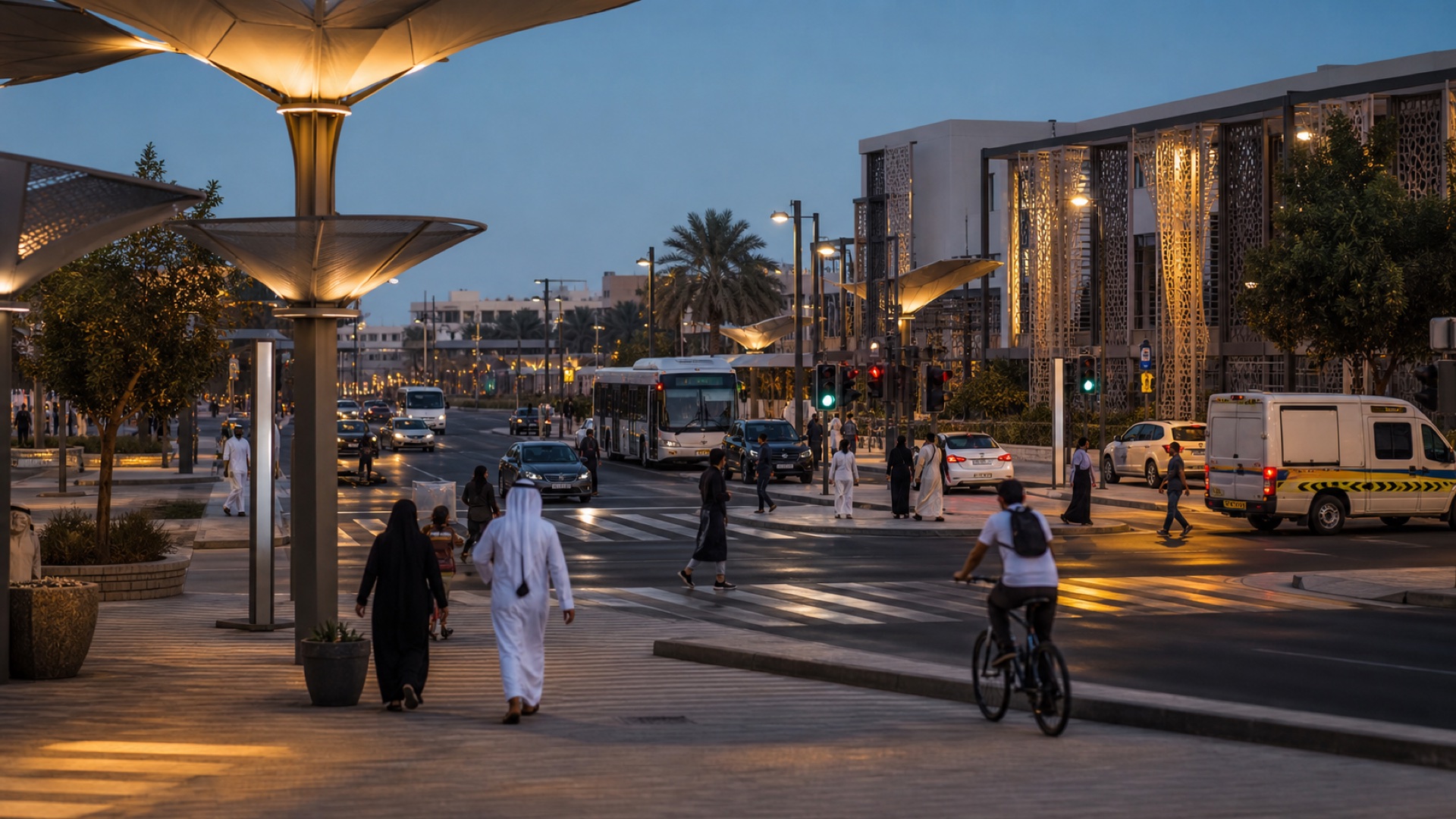 Pedestrians, cyclists, transit, and service vehicles moving through an urban intersection at dusk