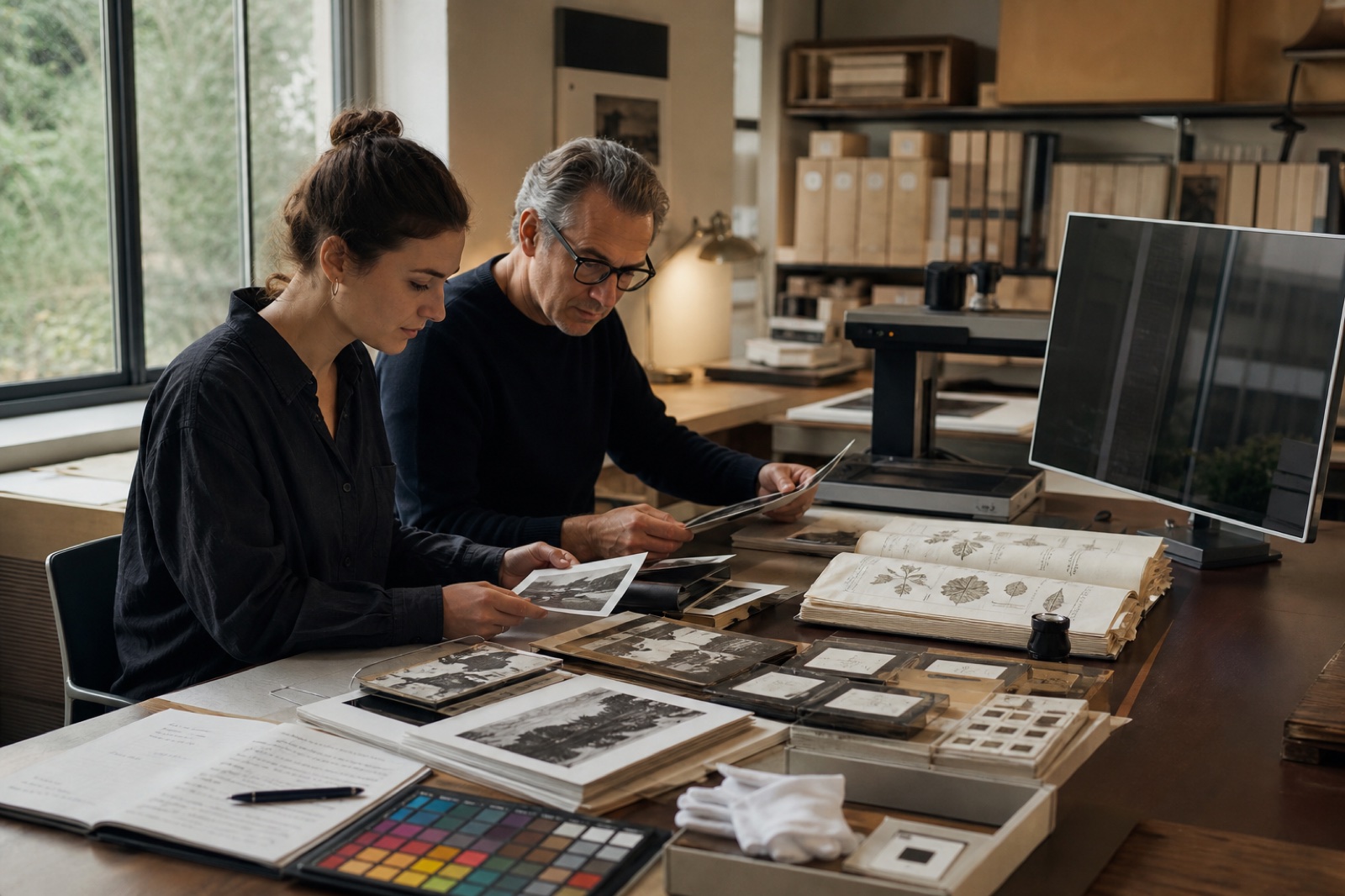 Researchers reviewing source material and archival records for a structured data program